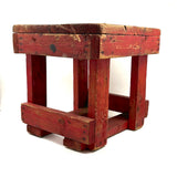 Boxy, Much Loved Vernacular Pine Stool in Original Red Paint with Many Reinforcements