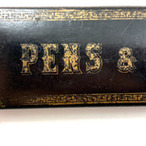 Pens and Pencils, Antique French Lacquer Divided Interior Snap Lid Box with Gold Lettering