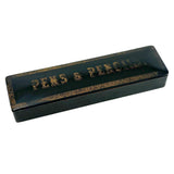 Pens and Pencils, Antique French Lacquer Divided Interior Snap Lid Box with Gold Lettering