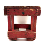 Boxy, Much Loved Vernacular Pine Stool in Original Red Paint with Many Reinforcements