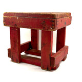 Boxy, Much Loved Vernacular Pine Stool in Original Red Paint with Many Reinforcements