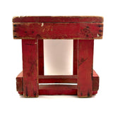 Boxy, Much Loved Vernacular Pine Stool in Original Red Paint with Many Reinforcements