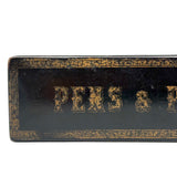 Pens and Pencils, Antique French Lacquer Divided Interior Snap Lid Box with Gold Lettering