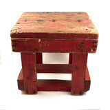 Boxy, Much Loved Vernacular Pine Stool in Original Red Paint with Many Reinforcements