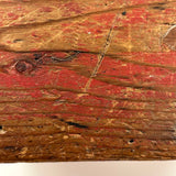 Boxy, Much Loved Vernacular Pine Stool in Original Red Paint with Many Reinforcements