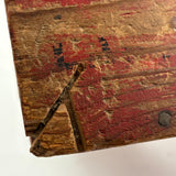 Boxy, Much Loved Vernacular Pine Stool in Original Red Paint with Many Reinforcements