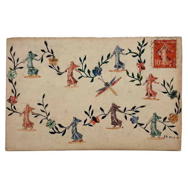 Semeuse with Flowers, Vines and Dragonfly, Amazing 1915 French Stamp Collage Post Card