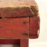 Boxy, Much Loved Vernacular Pine Stool in Original Red Paint with Many Reinforcements
