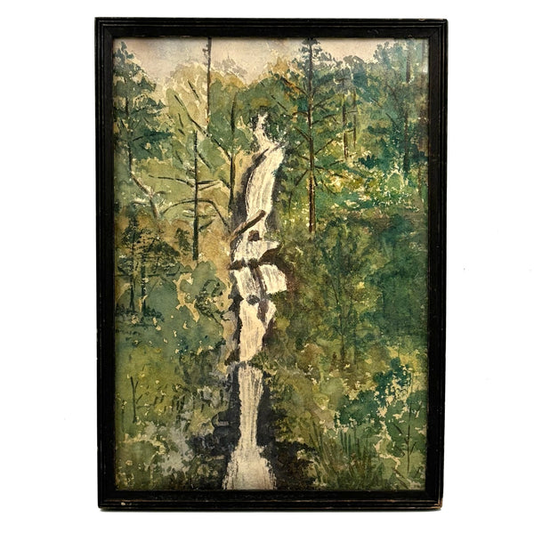 Waterfall Through Painterly Green, Just Right c. 1940s Watercolor in Period Frame