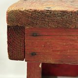 Boxy, Much Loved Vernacular Pine Stool in Original Red Paint with Many Reinforcements