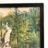 Waterfall Through Painterly Green, Just Right c. 1940s Watercolor in Period Frame