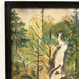 Waterfall Through Painterly Green, Just Right c. 1940s Watercolor in Period Frame