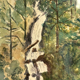 Waterfall Through Painterly Green, Just Right c. 1940s Watercolor in Period Frame