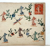 Semeuse with Flowers, Vines and Dragonfly, Amazing 1915 French Stamp Collage Post Card