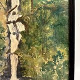 Waterfall Through Painterly Green, Just Right c. 1940s Watercolor in Period Frame