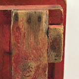 Boxy, Much Loved Vernacular Pine Stool in Original Red Paint with Many Reinforcements