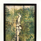 Waterfall Through Painterly Green, Just Right c. 1940s Watercolor in Period Frame