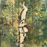 Waterfall Through Painterly Green, Just Right c. 1940s Watercolor in Period Frame
