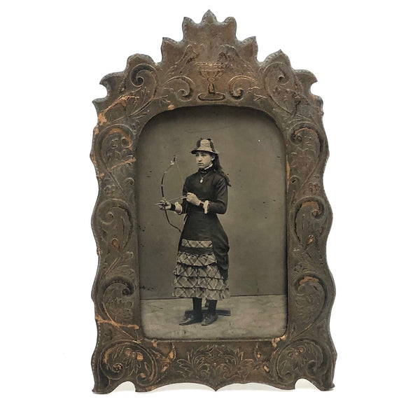 SOLD The Young Archeress! Wonderful 19th c. Tintype in Rare Standing Tintype Frame