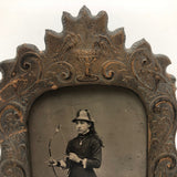 SOLD The Young Archeress! Wonderful 19th c. Tintype in Rare Standing Tintype Frame
