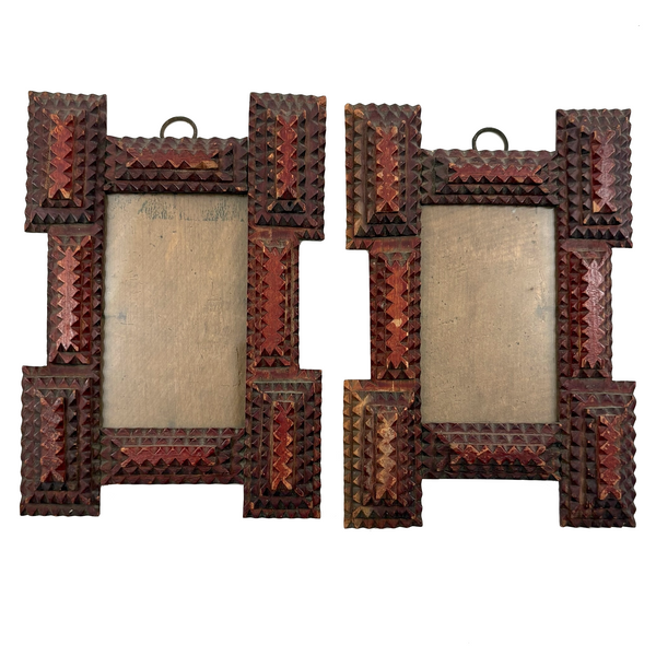 Great Pair of Antique Tramp Art Frames, with Glass, in Original Red Paint