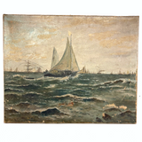 Atmospheric (and Much Weathered) Antique Oil on Canvas Seascape