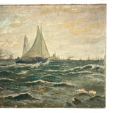 Atmospheric (and Much Weathered) Antique Oil on Canvas Seascape