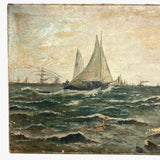 Atmospheric (and Much Weathered) Antique Oil on Canvas Seascape
