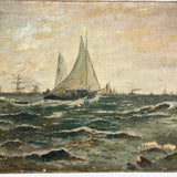 Atmospheric (and Much Weathered) Antique Oil on Canvas Seascape