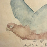 Anna Erb Was Born May 6, 1848, Very Gentle PA Watercolor Bird in Period Frame with Original Glass, As Found