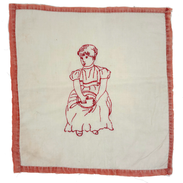 Pensive Girl, Sweet Old Embroidered Flour Sack Quilt Square