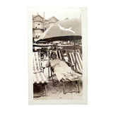 Woman on Beach with Striped Chairs and Umbrella Diver, Transportive c. 1920s-30s Snapshot