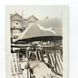 Woman on Beach with Striped Chairs and Umbrella Diver, Transportive c. 1920s-30s Snapshot