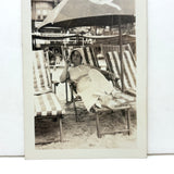 Woman on Beach with Striped Chairs and Umbrella Diver, Transportive c. 1920s-30s Snapshot