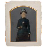 Antique Hand-painted Full Plate Tintype, Woman with Pink Rose and Feathered Hat