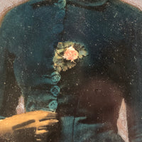 Antique Hand-painted Full Plate Tintype, Woman with Pink Rose and Feathered Hat