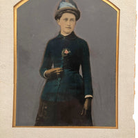 Antique Hand-painted Full Plate Tintype, Woman with Pink Rose and Feathered Hat