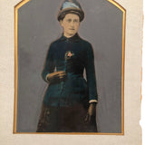 Antique Hand-painted Full Plate Tintype, Woman with Pink Rose and Feathered Hat