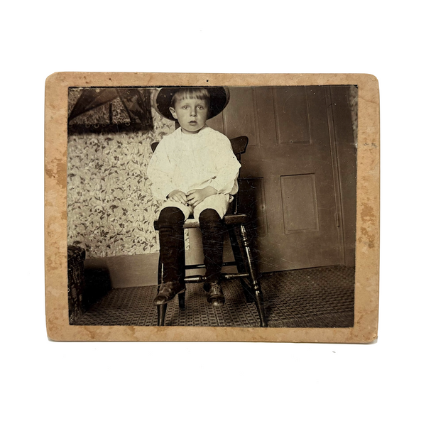 Bright Eyed Child in Chair with Patterned Rug and Wallpaper, Beautiful Antique Mounted Photo
