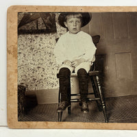 Bright Eyed Child in Chair with Patterned Rug and Wallpaper, Beautiful Antique Mounted Photo
