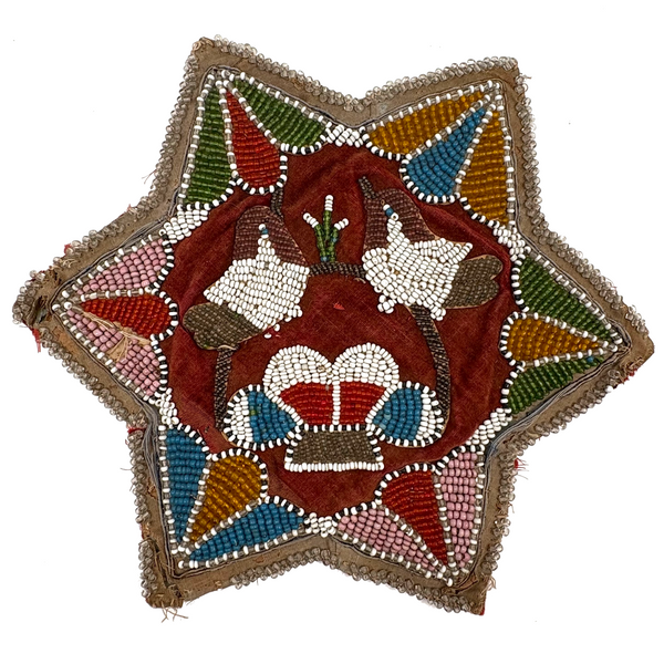 Two Birds on a Basket, Beautiful Antique Iroquois Beadwork Star