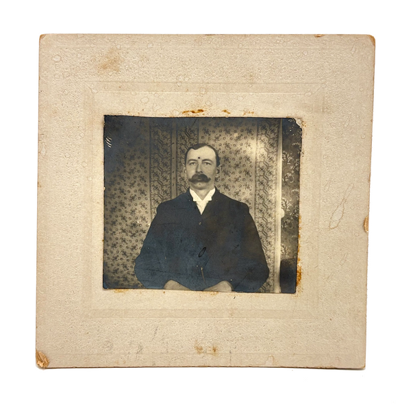 Man with Thick Mustache and Wallpaper (and Third Eye?), Wonderful Antique Mounted Photo