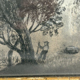 SOLD Charming 19th Century Sandpaper Drawing with Man, Cow and Fantasy Castle, Period Frame