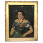 Wonderful Antique Portrait of Woman in Green on Tin