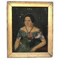 Wonderful Antique Portrait of Woman in Green on Tin