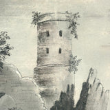 SOLD Charming 19th Century Sandpaper Drawing with Man, Cow and Fantasy Castle, Period Frame