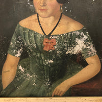 Wonderful Antique Portrait of Woman in Green on Tin