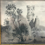 SOLD Charming 19th Century Sandpaper Drawing with Man, Cow and Fantasy Castle, Period Frame