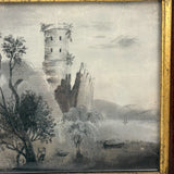 SOLD Charming 19th Century Sandpaper Drawing with Man, Cow and Fantasy Castle, Period Frame