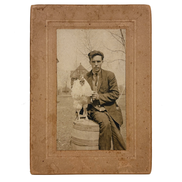 John and His Rooster Sam, Very Sweet Old Mounted Snapshot